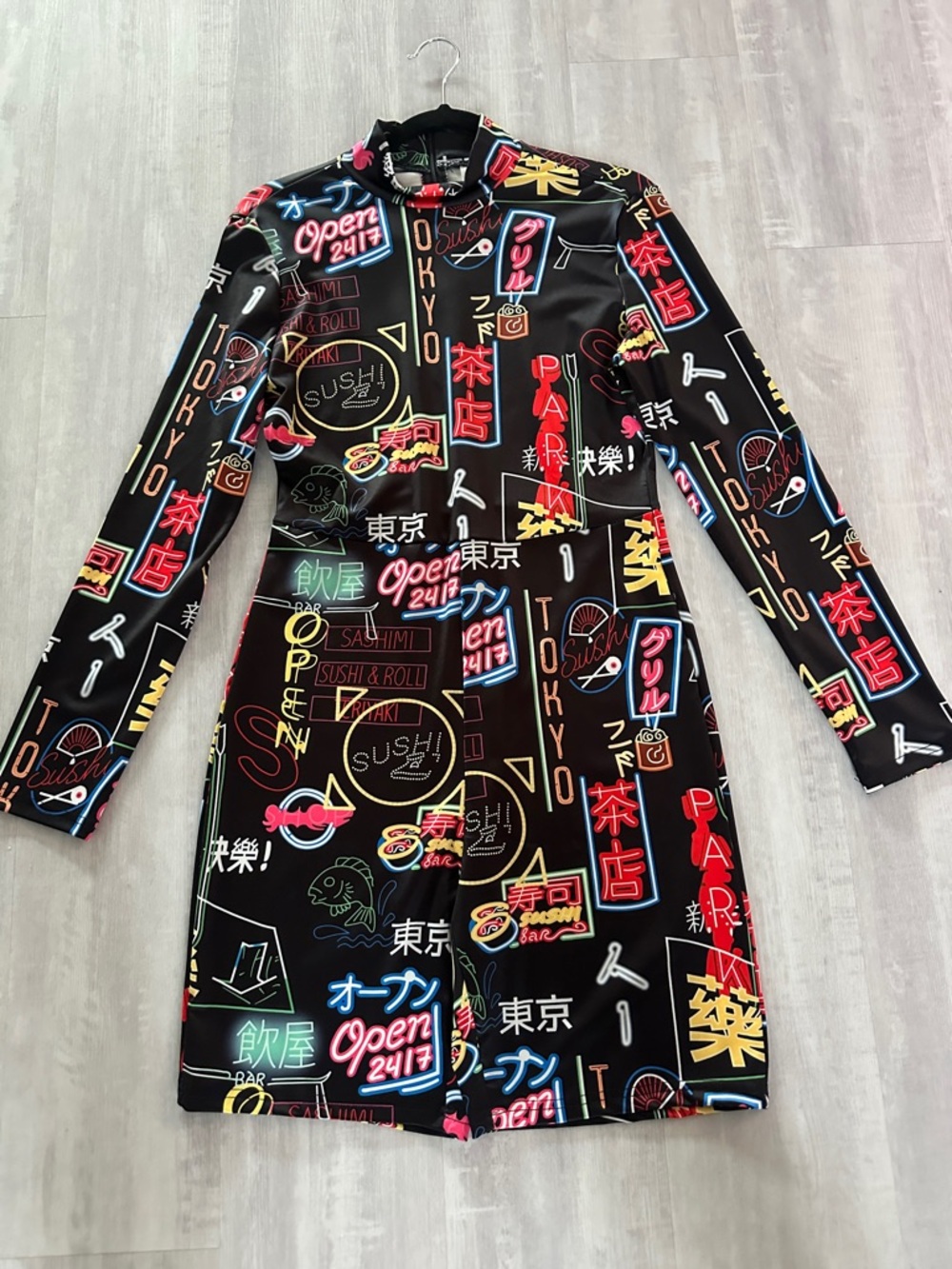 Tokyo Neon Print Long-Sleeve Shorts Jumper - Black